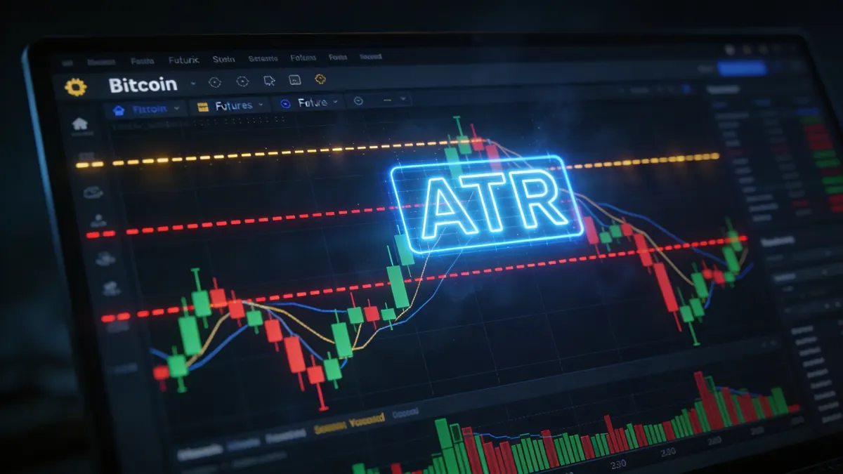 ATR-Volatilitätschart überlagert auf Crypto-Futures-Kerzendaten mit dynamischen Stop-Loss-Niveaus
