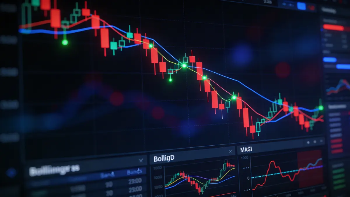 Dunkles Trading-Chart mit baissemarktem Crypto-Futures-Markt, technischen Indikatoren und Abwärtstrend-Musteranalyse