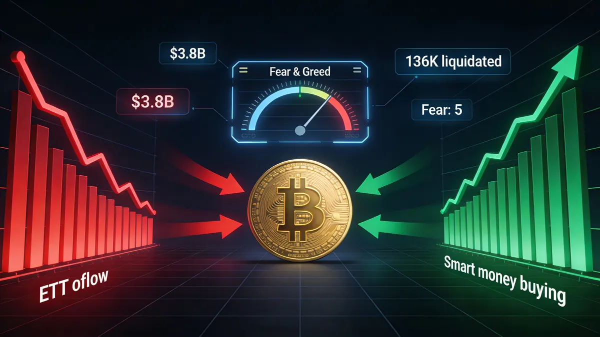 Bitcoin ETF-Abfluss-Diagramm mit institutionellem Verkaufsdruck und Krypto-Futures-Liquidationsdaten