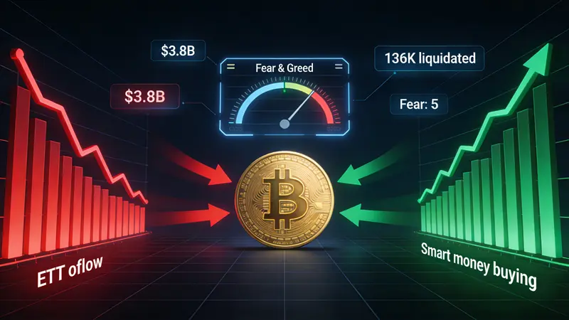 Bitcoin ETF-Abfluss-Diagramm mit institutionellem Verkaufsdruck und Krypto-Futures-Liquidationsdaten
