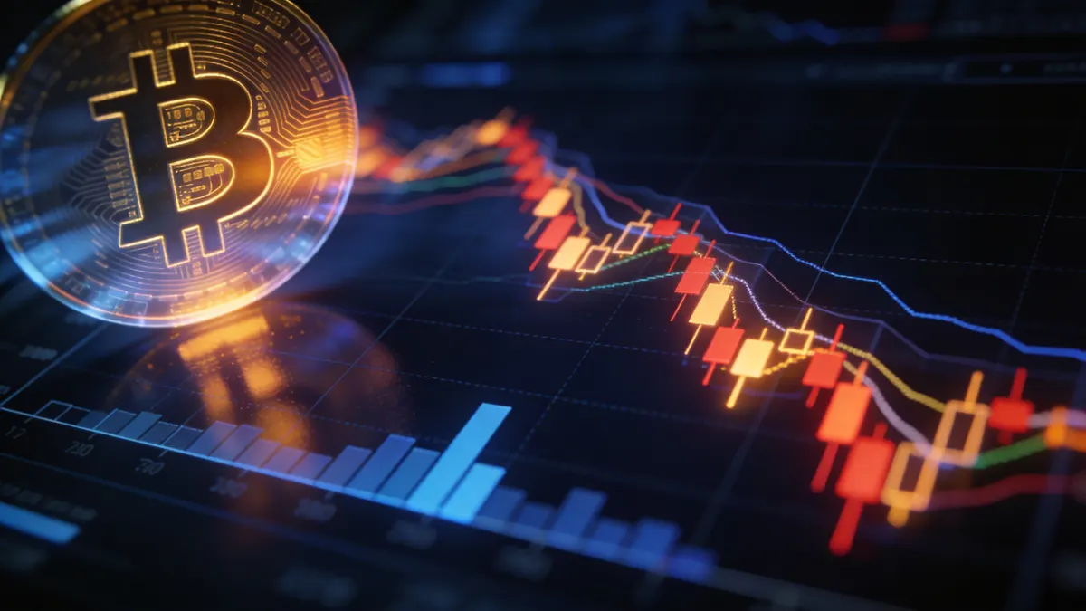 Bitcoin-Futures Open Interest Chart mit sinkenden Niveaus und Handelsindikator-Overlay