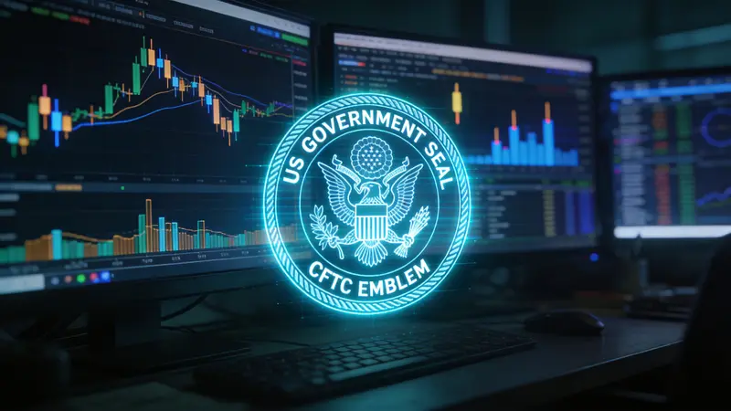 Digitales Diagramm mit Perpetual-Futures-Kontrakten, US-Regulierungssymbolen und Kryptohandelsdaten