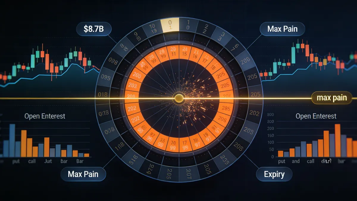 Gráfico de expiração de opções Bitcoin mostrando distribuição de interesse em aberto e nível de preço max pain com dados de volatilidade em futuros