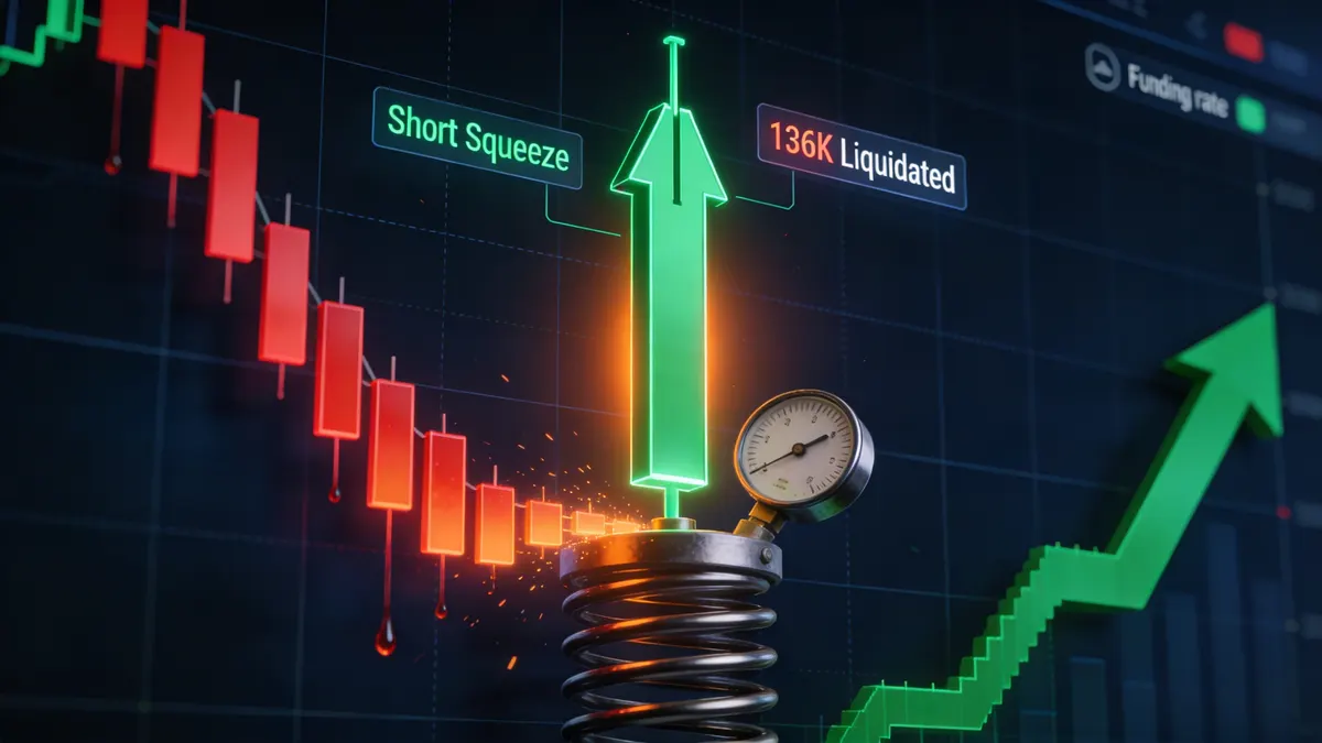 Gráfico de preço do Bitcoin mostrando uma vela de compressão de short vertical acentuada com sobreposição de dados de liquidação