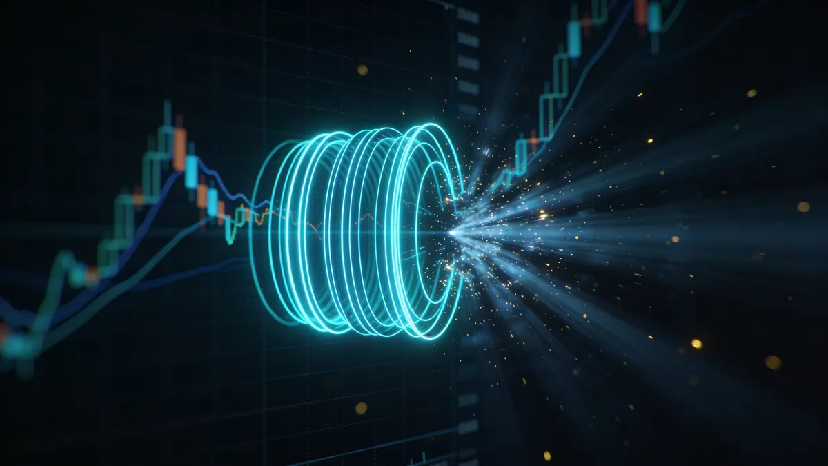 Visualisation abstraite de bandes de prix comprimées s'élargissant lors d'une cassure sur un graphique de trading sombre