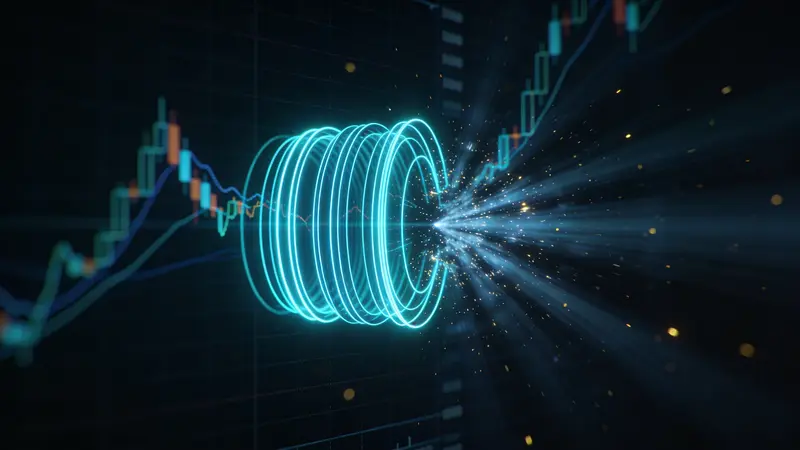 Abstrakte Visualisierung komprimierter Preisbänder, die sich in einem Ausbruch auf einem dunklen Trading-Chart ausweiten