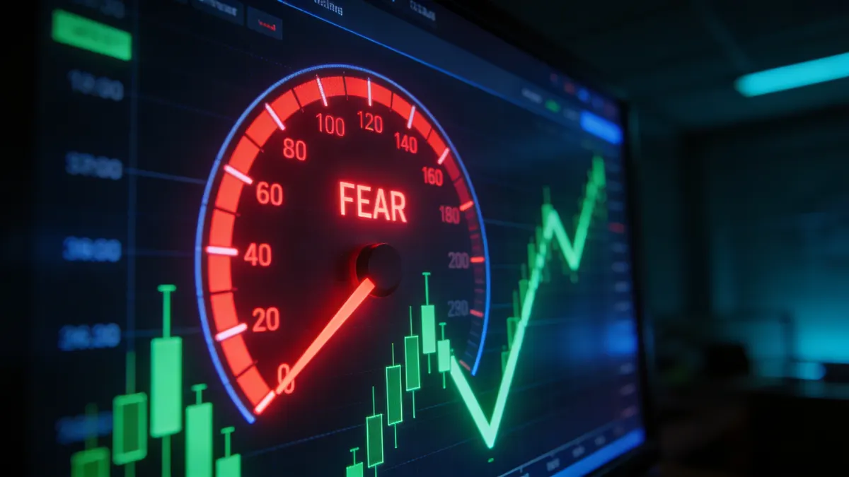 Dunkles Crypto-Markt-Dashboard mit dem Fear and Greed Index im Bereich extremer Angst und Candlestick-Charts