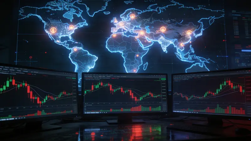 Dunkle Finanzdiagramm zeigt Krypto-Futures-Kursbewegungen während geopolitischer Volatilität mit globalen Risikoindikatoren