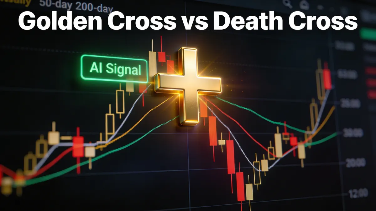 Bitcoin-Chart mit Golden Cross und Death Cross EMA-Crossover-Mustern und KI-Signal-Overlay
