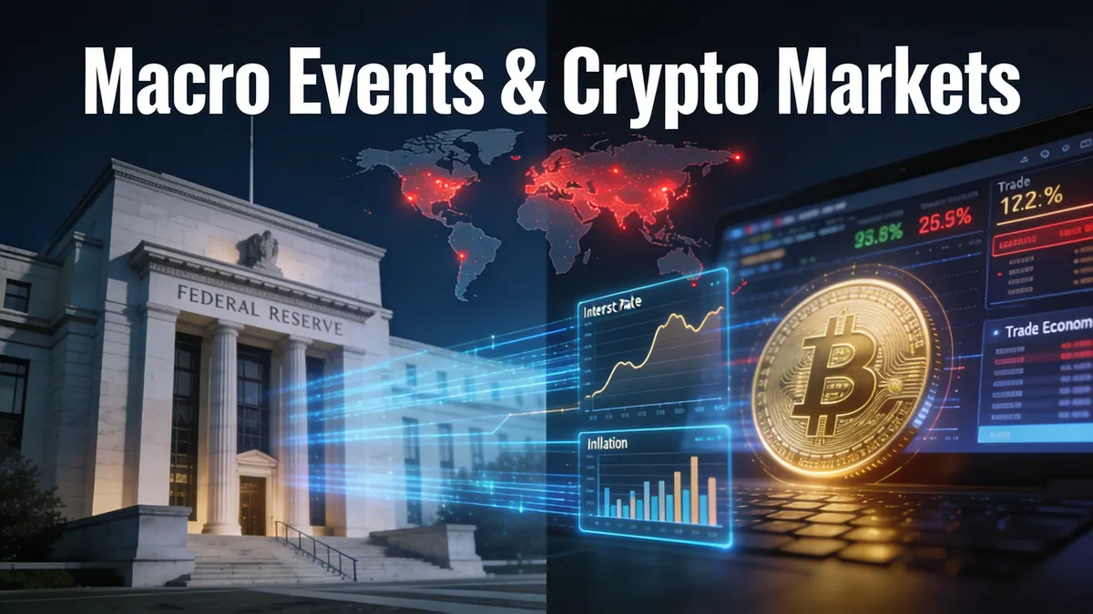 Painel de eventos macroeconomicos globais mostrando Federal Reserve, tarifas comerciais e indicadores geopoliticos que afetam os mercados de futuros crypto