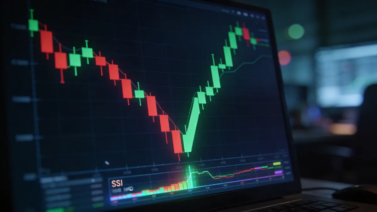 Gráfico de futuros crypto mostrando um padrão de rebote de sobrevenda com indicadores RSI e MACD