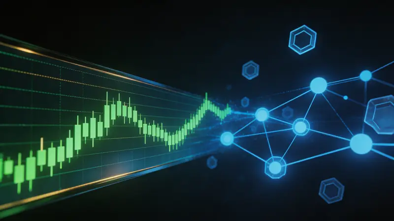 S&P 500 Indexchart verschmilzt mit einer Blockchain-Netzwerk-Visualisierung