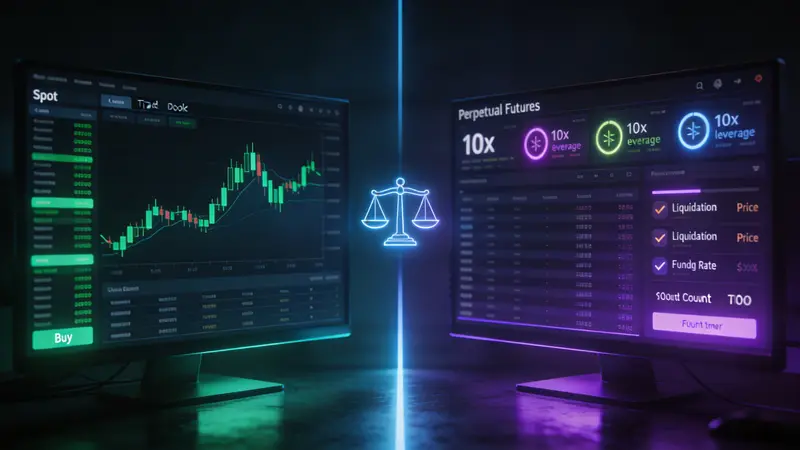 Geteilter Handels-Dashboard-Bildschirm zum Vergleich von Krypto-Spot-Trading und Perpetual Futures mit Hebelindikatoren und Marktdaten