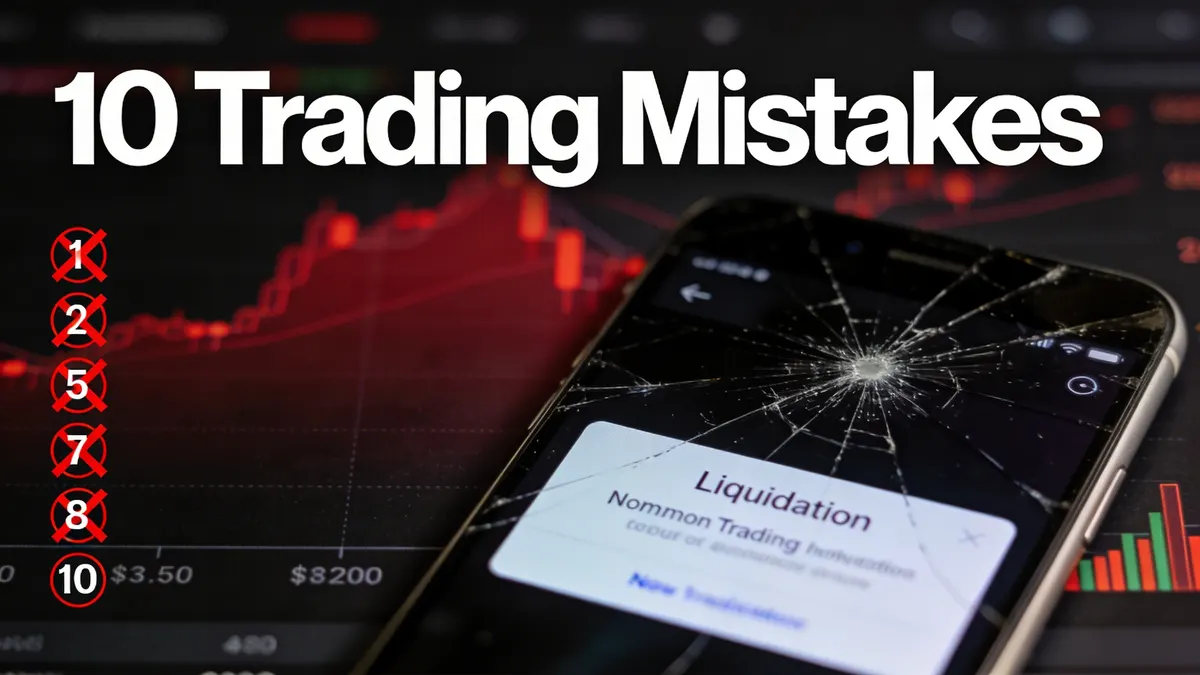 Infografik über Krypto-Trading-Fehler mit häufigen Fehlern, die zu Liquidationen und Verlusten führen